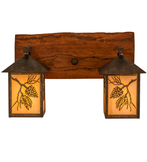 Meyda Lighting Balsam Pine 20" 2-Light Acid Steel & Natural Wood Wall Sconce With Beige Iridescent Shade Glass