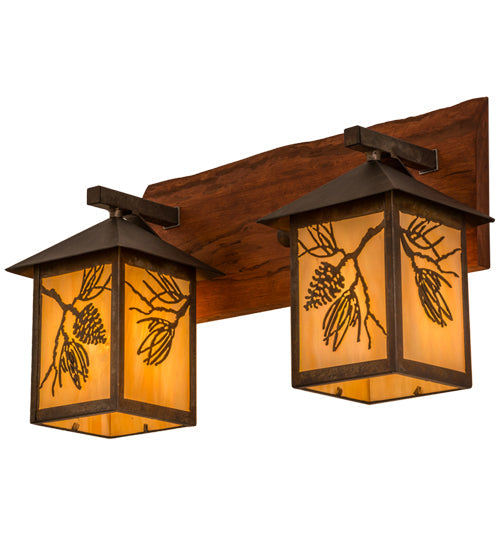 Meyda Lighting Balsam Pine 20" 2-Light Acid Steel & Natural Wood Wall Sconce With Beige Iridescent Shade Glass