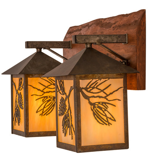Meyda Lighting Balsam Pine 20" 2-Light Acid Steel & Natural Wood Wall Sconce With Beige Iridescent Shade Glass