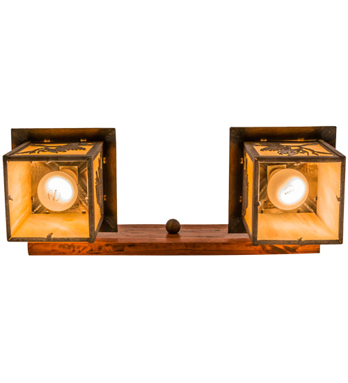 Meyda Lighting Balsam Pine 20" 2-Light Acid Steel & Natural Wood Wall Sconce With Beige Iridescent Shade Glass