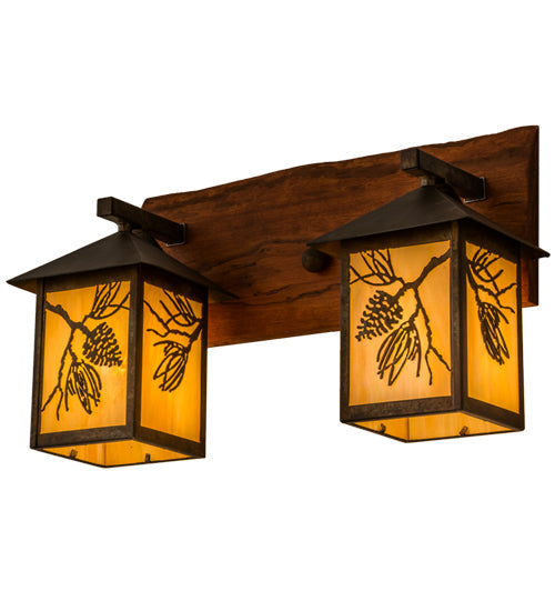 Meyda Lighting Balsam Pine 20" 2-Light Acid Steel & Natural Wood Wall Sconce With Beige Iridescent Shade Glass