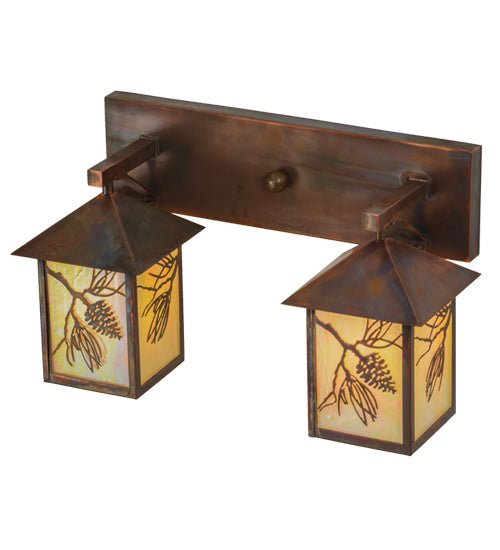 Meyda Lighting Balsam Pine 20" 2-Light Vintage Copper Vanity Light With Beige Iridescent Shade Glass