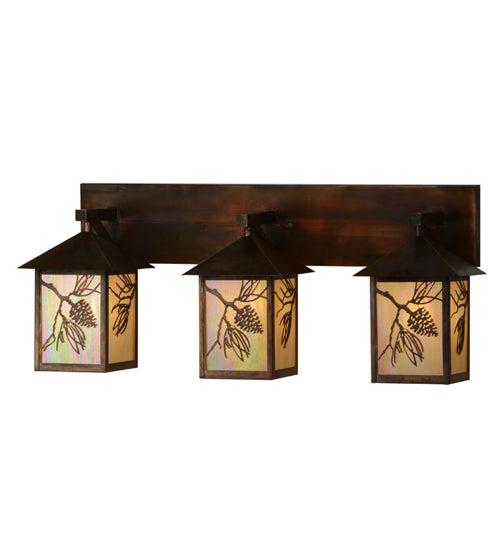 Meyda Lighting Balsam Pine 29" 3-Light Vintage Copper Vanity Light With Beige Iridescent Shade Glass