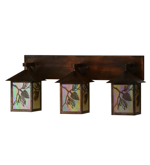 Meyda Lighting Balsam Pine 29" 3-Light Vintage Copper Vanity Light With Beige Iridescent Shade Glass