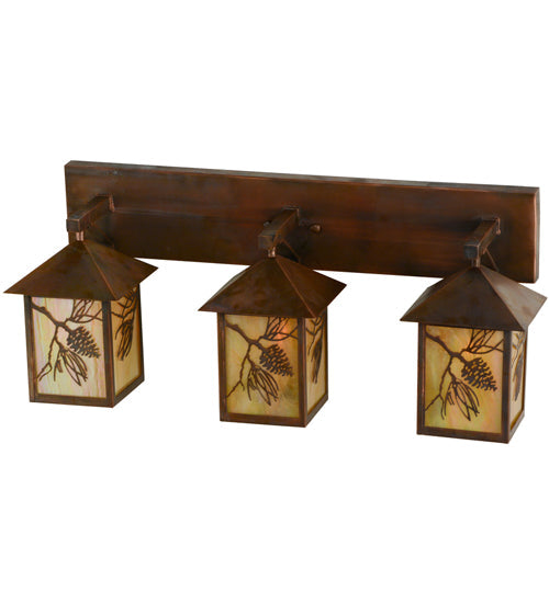 Meyda Lighting Balsam Pine 29" 3-Light Vintage Copper Vanity Light With Beige Iridescent Shade Glass