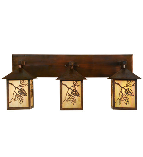 Meyda Lighting Balsam Pine 29" 3-Light Vintage Copper Vanity Light With Beige Iridescent Shade Glass