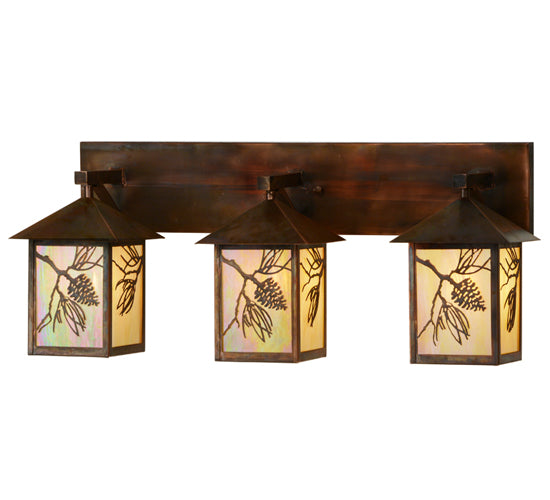 Meyda Lighting Balsam Pine 29" 3-Light Vintage Copper Vanity Light With Beige Iridescent Shade Glass