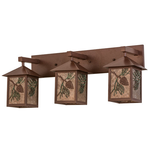 Meyda Lighting Balsam Pine 30" 3-Light Rust & Green Trees Vanity Light With Silver Mica Shade Glass