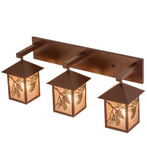 Meyda Lighting Balsam Pine 30" 3-Light Rust & Green Trees Vanity Light With Silver Mica Shade Glass