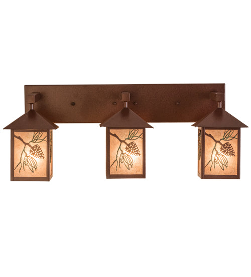 Meyda Lighting Balsam Pine 30" 3-Light Rust & Green Trees Vanity Light With Silver Mica Shade Glass
