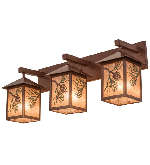Meyda Lighting Balsam Pine 30" 3-Light Rust & Green Trees Vanity Light With Silver Mica Shade Glass