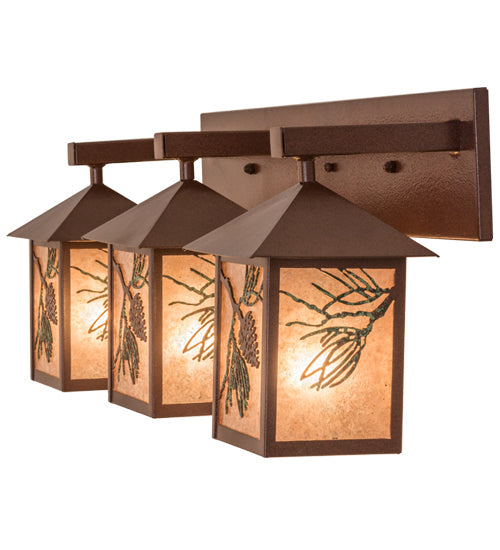 Meyda Lighting Balsam Pine 30" 3-Light Rust & Green Trees Vanity Light With Silver Mica Shade Glass