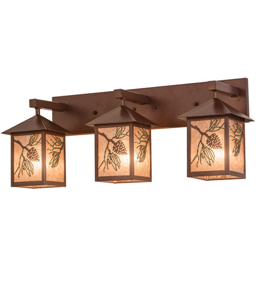 Meyda Lighting Balsam Pine 30" 3-Light Rust & Green Trees Vanity Light With Silver Mica Shade Glass