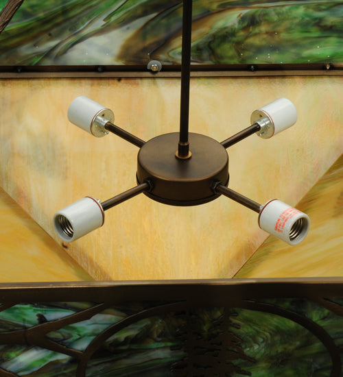 Meyda Lighting Balsam Pine 39" 4-Light Antique Copper Inverted Pendant Light With Green Brown And Beige Iridescent Shade Glass