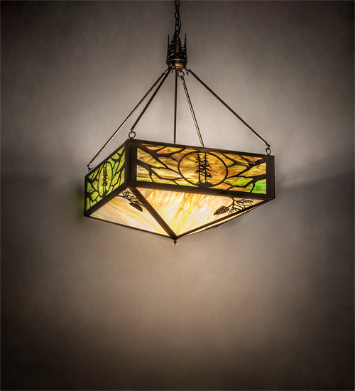 Meyda Lighting Balsam Pine 39" 4-Light Antique Copper Inverted Pendant Light With Green Brown And Beige Iridescent Shade Glass
