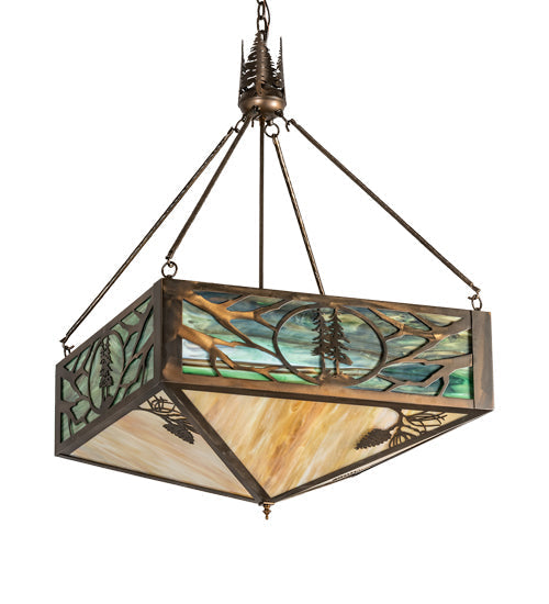 Meyda Lighting Balsam Pine 39" 4-Light Antique Copper Inverted Pendant Light With Green Brown And Beige Iridescent Shade Glass