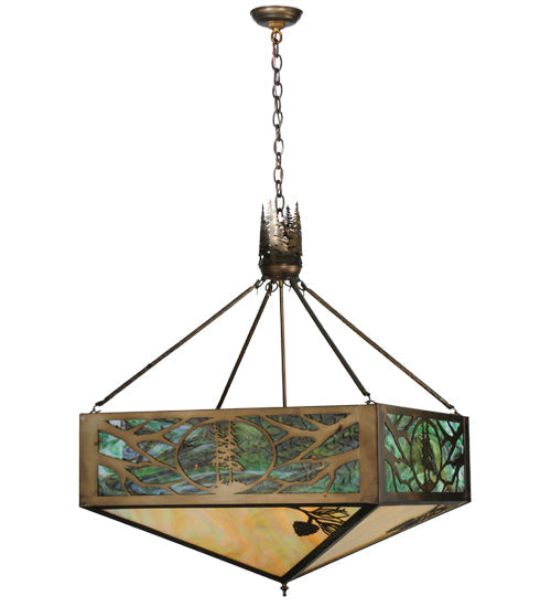 Meyda Lighting Balsam Pine 39" 4-Light Antique Copper Inverted Pendant Light With Green Brown And Beige Iridescent Shade Glass