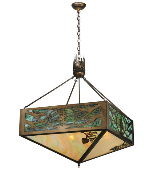 Meyda Lighting Balsam Pine 39" 4-Light Antique Copper Inverted Pendant Light With Green Brown And Beige Iridescent Shade Glass