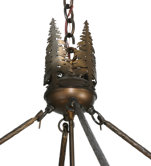 Meyda Lighting Balsam Pine 39" 4-Light Antique Copper Inverted Pendant Light With Green Brown And Beige Iridescent Shade Glass