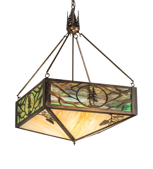 Meyda Lighting Balsam Pine 39" 4-Light Antique Copper Inverted Pendant Light With Green Brown And Beige Iridescent Shade Glass