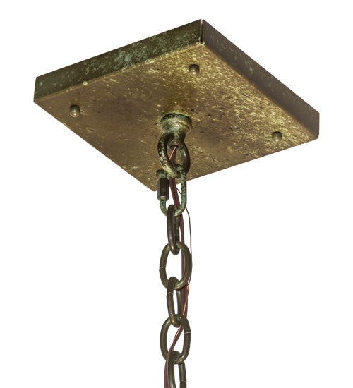 Meyda Lighting Balsam Pine 40" 6-Light Weathered Brass Inverted Pendant Light With Green & Beige Art Shade Glass