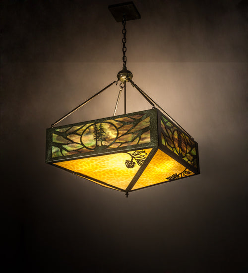 Meyda Lighting Balsam Pine 40" 6-Light Weathered Brass Inverted Pendant Light With Green & Beige Art Shade Glass