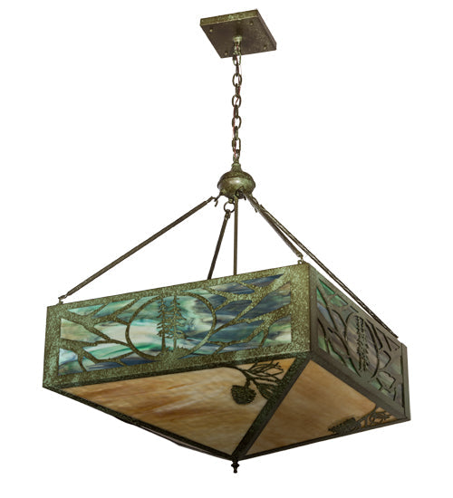 Meyda Lighting Balsam Pine 40" 6-Light Weathered Brass Inverted Pendant Light With Green & Beige Art Shade Glass