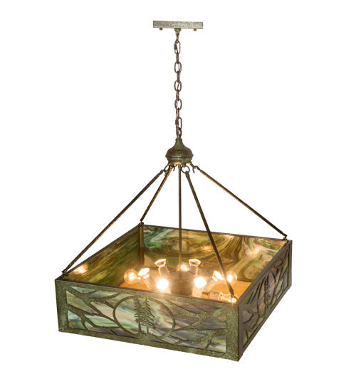 Meyda Lighting Balsam Pine 40" 6-Light Weathered Brass Inverted Pendant Light With Green & Beige Art Shade Glass
