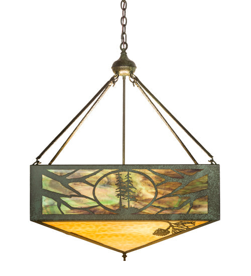 Meyda Lighting Balsam Pine 40" 6-Light Weathered Brass Inverted Pendant Light With Green & Beige Art Shade Glass