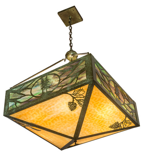 Meyda Lighting Balsam Pine 40" 6-Light Weathered Brass Inverted Pendant Light With Green & Beige Art Shade Glass