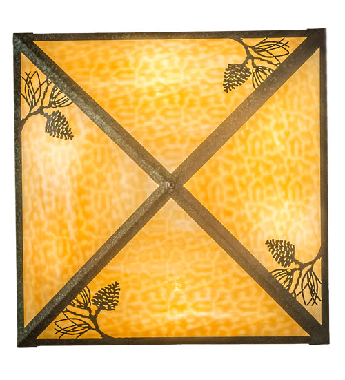 Meyda Lighting Balsam Pine 40" 6-Light Weathered Brass Inverted Pendant Light With Green & Beige Art Shade Glass