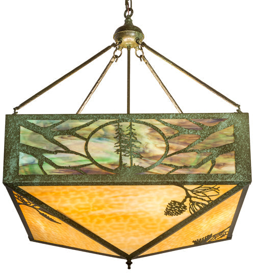Meyda Lighting Balsam Pine 40" 6-Light Weathered Brass Inverted Pendant Light With Green & Beige Art Shade Glass