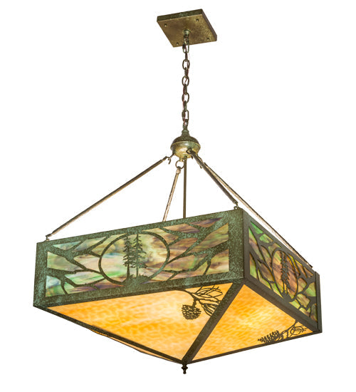 Meyda Lighting Balsam Pine 40" 6-Light Weathered Brass Inverted Pendant Light With Green & Beige Art Shade Glass