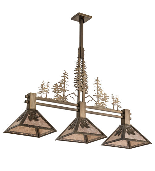 Meyda Lighting Balsam Pine 46" 3-Light Antique Copper Tall Pines Island Pendant Light With Silver Mica Shade Glass