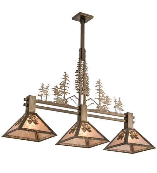 Meyda Lighting Balsam Pine 46" 3-Light Antique Copper Tall Pines Island Pendant Light With Silver Mica Shade Glass