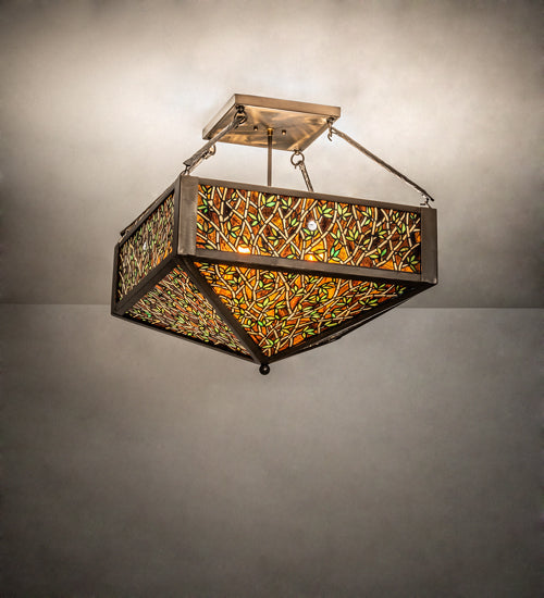 Meyda Lighting Bamboo 23"Sq 4-Light Antique Copper Semi-flush Mount Light With Amber & Green Stained Shade Glass