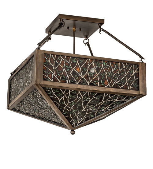 Meyda Lighting Bamboo 23"Sq 4-Light Antique Copper Semi-flush Mount Light With Amber & Green Stained Shade Glass