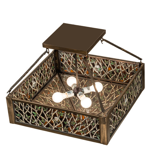 Meyda Lighting Bamboo 23"Sq 4-Light Antique Copper Semi-flush Mount Light With Amber & Green Stained Shade Glass