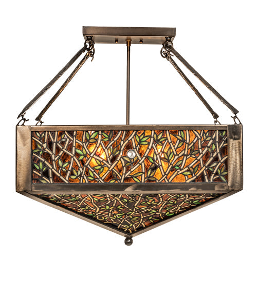 Meyda Lighting Bamboo 23"Sq 4-Light Antique Copper Semi-flush Mount Light With Amber & Green Stained Shade Glass