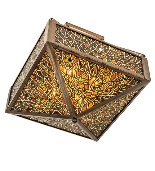 Meyda Lighting Bamboo 23"Sq 4-Light Antique Copper Semi-flush Mount Light With Amber & Green Stained Shade Glass