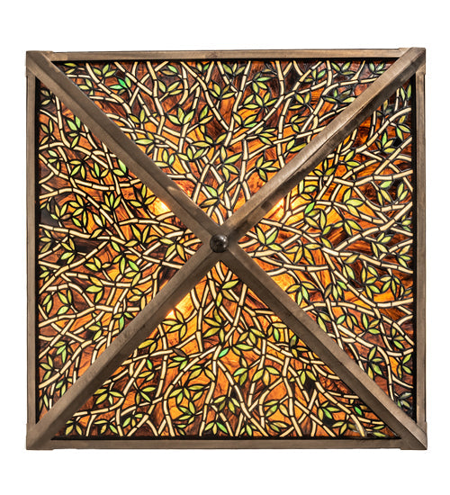Meyda Lighting Bamboo 23"Sq 4-Light Antique Copper Semi-flush Mount Light With Amber & Green Stained Shade Glass