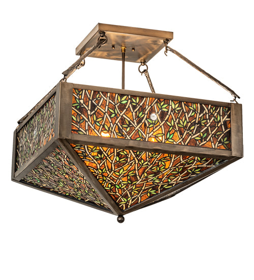 Meyda Lighting Bamboo 23"Sq 4-Light Antique Copper Semi-flush Mount Light With Amber & Green Stained Shade Glass