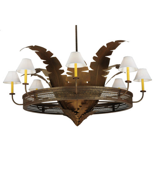 Meyda Lighting Banana Bamboo 59" 6-Light Antique Rust and Cortez Gold Chandelier With White Textrene Shade