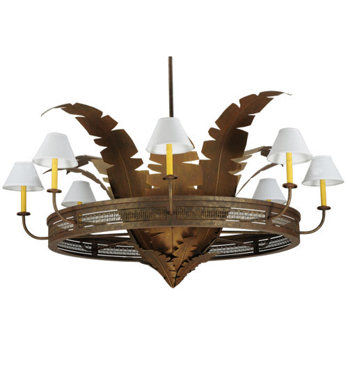 Meyda Lighting Banana Bamboo 59" 6-Light Antique Rust and Cortez Gold Chandelier With White Textrene Shade
