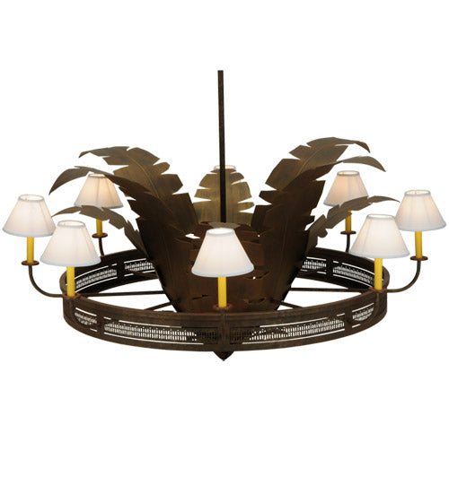 Meyda Lighting Banana Bamboo 59" 6-Light Antique Rust and Cortez Gold Chandelier With White Textrene Shade