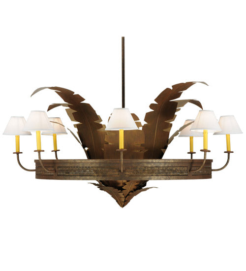 Meyda Lighting Banana Bamboo 59" 6-Light Antique Rust and Cortez Gold Chandelier With White Textrene Shade