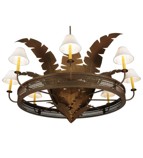 Meyda Lighting Banana Bamboo 59" 6-Light Antique Rust and Cortez Gold Chandelier With White Textrene Shade