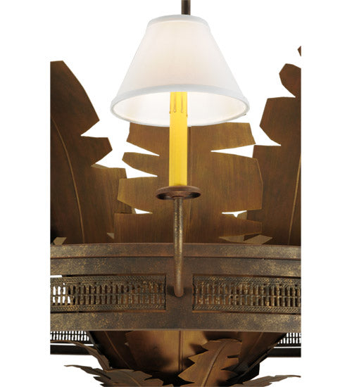 Meyda Lighting Banana Bamboo 59" 6-Light Antique Rust and Cortez Gold Chandelier With White Textrene Shade
