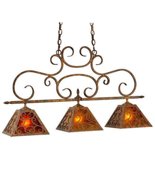 Meyda Lighting Bandolei 42" 3-Light Antique Rust Island Pendant Light With Amber Mica Shade Glass