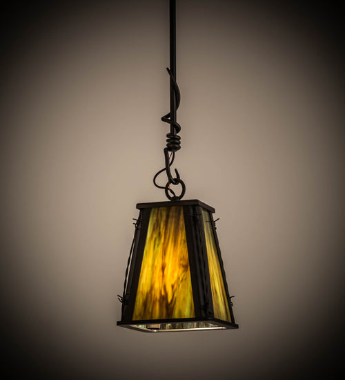 Meyda Lighting Barbed Wire 9" Timeless Bronze Mini Pendant Light With Green & Brown Art Shade Glass